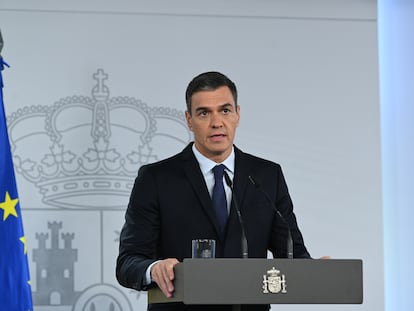 Pedro Sánchez, el día 17 en una rueda de prensa tras participar en la reunión extraordinaria por videoconferencia del Consejo Europeo, en una imagen de La Moncloa.