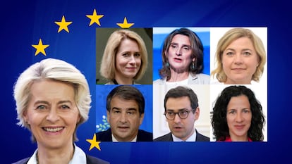 Ursula Von der Leyen (izquierda) junto a sus seis vicepresidentes: de arriba abajo y de izquierda a derecha, Kaja Kallas, Teresa Ribera, Henna Virkkunnen, Raffaele Fitto, Stphane Sjourn y Roxana M?nzatu.