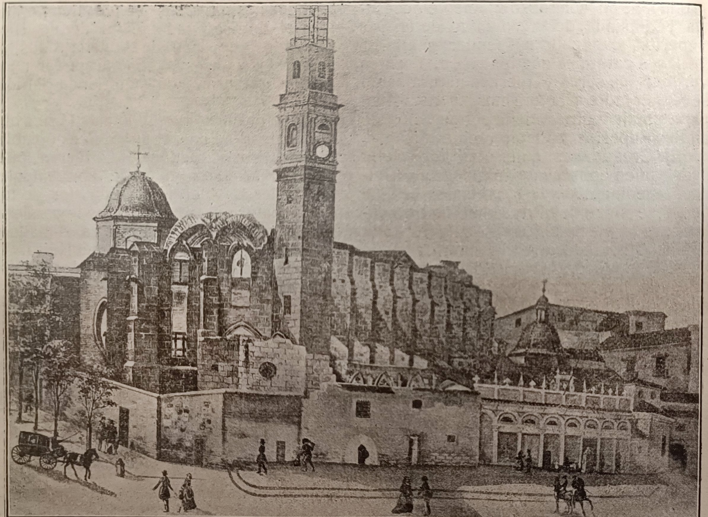 Final de la línea Madrid-Valencia con la imagen del aparato telegráfico sobre el campanario del convento de San Francesco, en Valencia.