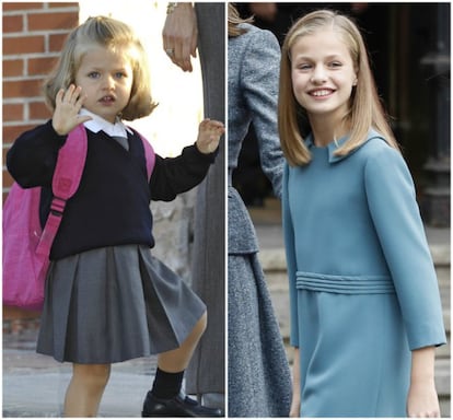 The first photo of Princess Leonor was taken in 2008 on her first day of school when she was three-years-old. The right photo is of her at 13 and was taken when she made her first public speech.