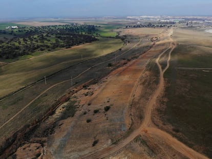 Estado actual de terrenos afectados por el vertido de Aznalcóllar, registrado hace 21 años. En la imagen se muestra la zona más contaminada por metales pesados, donde no crece nada, y franjas donde la vegetación ha vuelto a resurgir. 