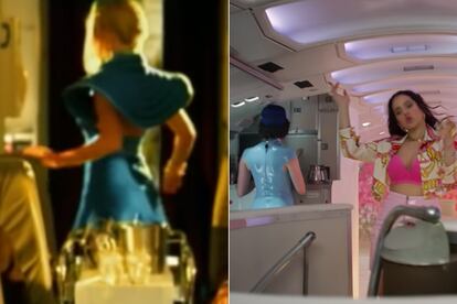 El uniforme de la azafata. Con altura hace un guiño a los modelos que lucía la tripulación de Toxic. En un fotograma, cuando Rosalía va a bajar de planta en su avión, aparece una azafata con el mismo tipo de vestido, también en azul.