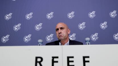 Luis Rubiales, presidente de la Federación Española de Fútbol, durante una rueda de prensa.