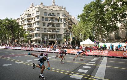 Competició de velocitat als World Roller Games, dissabte a Barcelona.