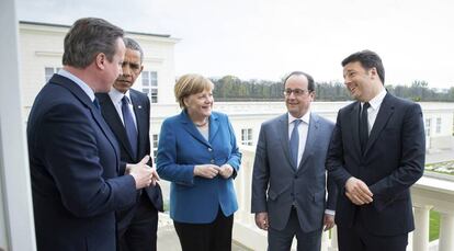 Cameron, Obama, Merkel, Hollande y Renzi, en Hanover.