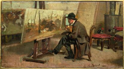 Óleo sobre tabla de Giovanni Boldini: 'Giovanni Fattori en su taller' , (1866-1867).