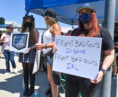 Blizzard employees demand better working conditions at a protest in Irvine, California in July.