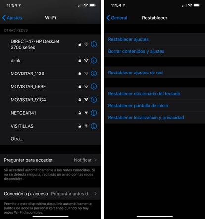 Configuración Wifi y restablecer ajustes de red.