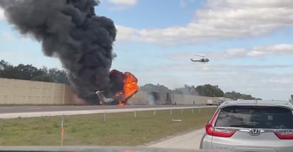 Smoke and fire fills the air after an airplane crashed on Interstate 75, on Feb. 10, 2024 near Naples, Florida.