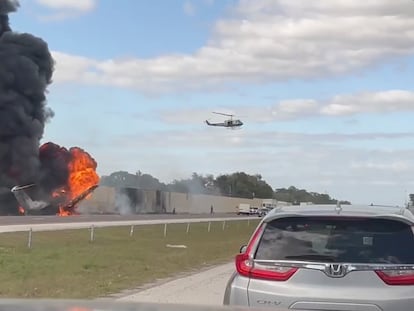 Smoke and fire fills the air after an airplane crashed on Interstate 75, on Feb. 10, 2024 near Naples, Florida.