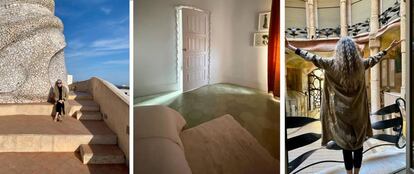 Ana Viladomiu al terrat i al vestíbul de la Pedrera, sola, durant el seu confinament. Al centre, una de les habitacions del seu pis, creat per Gaudí. Imatges del seu compte d'Instagram @ana_viladomiu