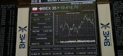 Una pantalla muestra el principal indicador de la bolsa espa&ntilde;ola, el IBEX 35