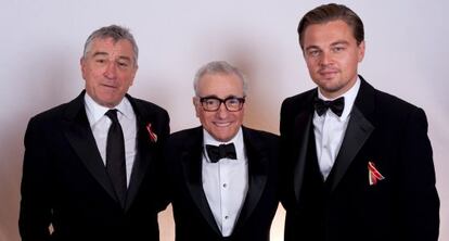Desde la izquierda, Robert De Niro, Martin Scorsese, y Leonardo Di Caprio en los Globos de Oro de 2010.