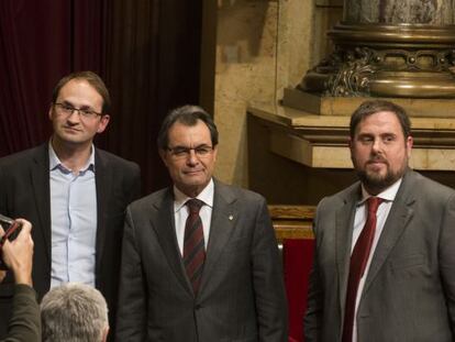 Joan Herrera (ICV), Artur Mas (CiU) i Oriol Junqueras (ERC) en una imatge d'arxiu.