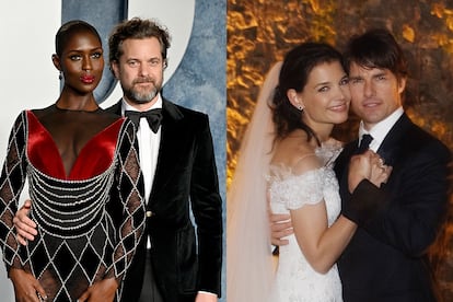 Joshua Jackson junto a Jodie Turner-Smith, madre de su hija, y Katie Holmes en su boda con Tom Cruise, el padre de su hija.