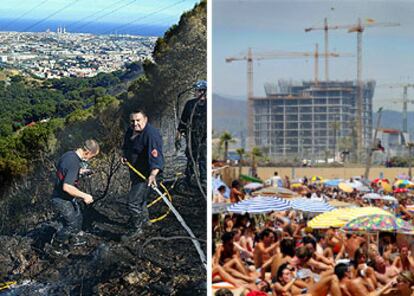 A la izquierda, miembros del equipo de bomberos que trabajaron en el incendio que ayer por la tarde se declaró en la sierra de Collserola, en Barcelona, y que quemó entre cuatro y cinco hectáreas. <b>A la derecha, imagen de la playa de la Nova Mar Bella, ayer, con las obras del Fòrum al fondo.</b>