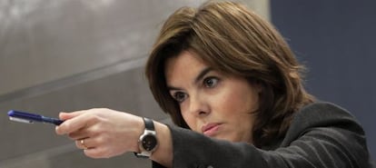 Deputy Prime Minister Soraya S&aacute;enz de Santamar&iacute;a at a news conference on Friday.