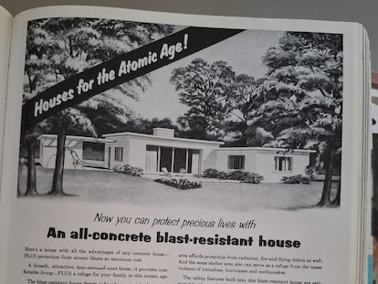 Anuncio antiguo de una casa resistente a ataques nucleares.