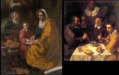 La obra encontrada en el sótano de la Universidad de Yale, <i>La educación de la Virgen</i>, junto a la pintura <i>El almuerzo</i>, de la época sevillana de Velázquez (Fotografía, cortesía de <i>Ars Magazine</i>).