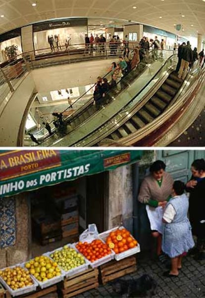 Varias mujeres portuguesas charlan ante una frutería. Arriba, un centro comercial de Lisboa.