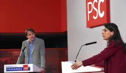Javi López y Eliana Camps, ayer durante el debate de las primarias europeas.