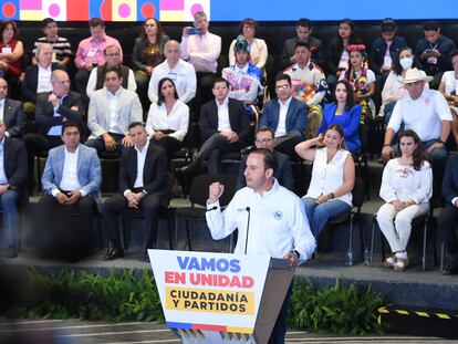 Marko Cortés durante la conferencia de la alianza Va por México.