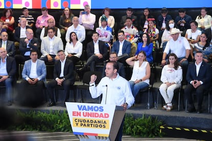 Marko Cortés durante la conferencia de la alianza Va por México.
