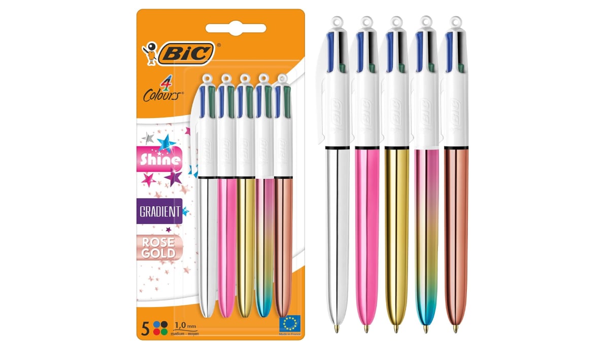 Lote de cinco bolígrafos retráctiles BIC con colores brillantes.