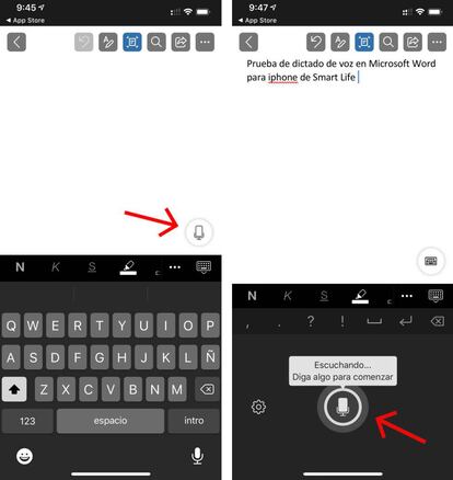 Dictado por voz en Microsoft Word para iOS.