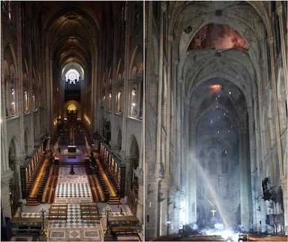 Interior de la catedral de Notre Dame, antes y después del incendio.