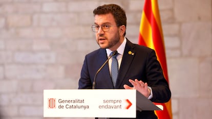 El presidente catalán, Pere Aragonès, durante su comparecencia de este miércoles en la que ha anunciado el adelanto de las elecciones al 12 de mayo.