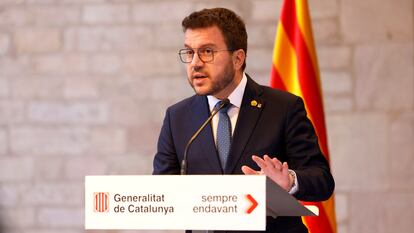 El presidente catalán, Pere Aragonès, durante su comparecencia de este miércoles en la que ha anunciado el adelanto de las elecciones al 12 de mayo.