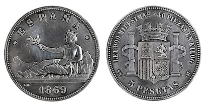 Una de las más deseadas y caras de la numismática española. Acuñada por el Gobierno Provisional, la peseta nació por decreto el 19 de octubre de 1868, pero la orden de fabricación se retrasó hasta abril de 1869. Como también se adoptó el Sistema Métrico Decimal, se crearon valores de 5, 2, 1, 0,50 y 0,20 pesetas de plata. Se acuñaron muy pocas de cinco.