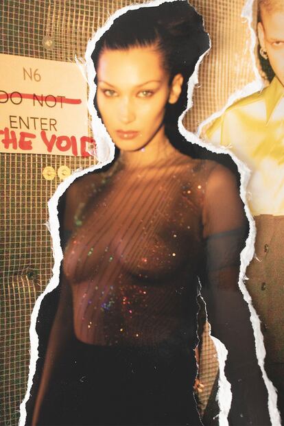 Imagen de Bella Hadid que sirvió como moodboard previo al desfile de este otoño (con guiño incluido a Enter the Void, la película de Gaspar Noé).