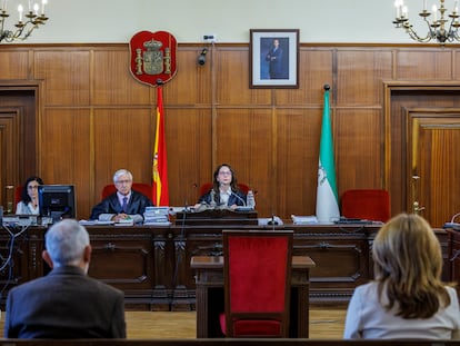 El exdirector de la Faffe Fernando Villén y la ex directora económica financiera de la entidad Ana Valls, sentados en el banquillo ante la jueza Mercedes Alaya, en el juicio por los pagos en clubes de alterne con tarjetas bancarias de la entidad