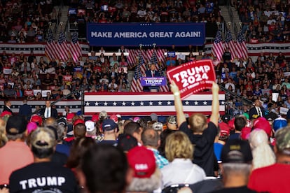 Former U.S. President and Republican presidential candidate Donald Trump speaks during a campaign rally in Erie, Pennsylvania, U.S., July 29, 2023.