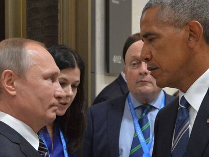 Vladimir Putin e Barack Obama durante o encontro dos l&iacute;deres do G20 em 5 de setembro de 2016: aumenta a tens&atilde;o entre os pa&iacute;ses.