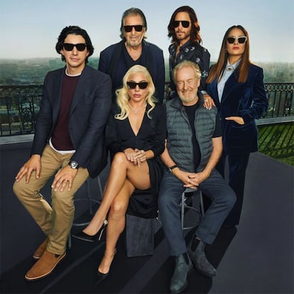 El reparto de ‘La casa Gucci’: Adam Driver, Al Pacino, Jared Leto, Salma Hayek, Lady Gaga y Ridley Scott.