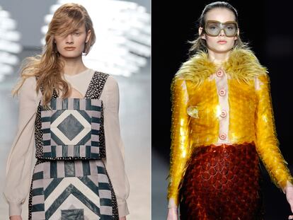 Arriba, propuesta de Prada inspirada en el futurismo de los sesenta. A la izquierda, estampados como suelos de cerámica de Rodarte.