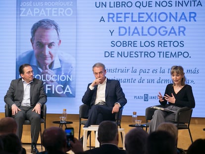 José Manuel Albares, José Luis Rodriguez Zapatero y Máriam Martínez-Bascuñán, ayer en Madrid.
