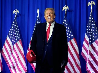 Republican presidential candidate former President Donald Trump yells on stage at a campaign rally in Waterford Township, Mich., Feb. 17, 2024.