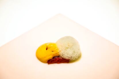 "Plato de playa". Salpicón de atún rojo con mojo de cilantro y causa con pimienta palmera.