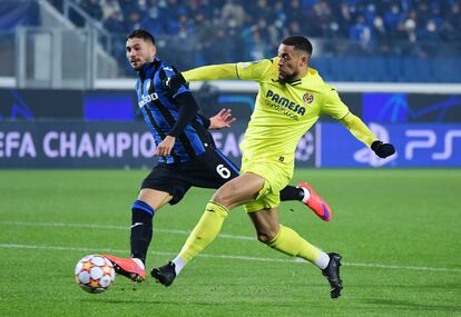 Arnaut Danjuma, autor del primer gol del Villarreal, durante el partido de esta tarde en Bérgamo.