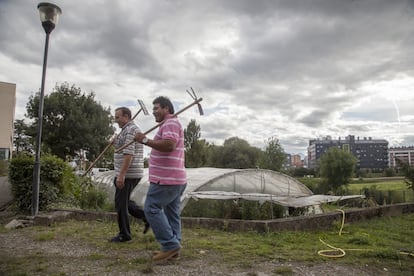 Raif y Cristóbal terminan la jornada al atardecer con Oviedo al fondo. Según la FAO, los huertos urbanos “proporcionan alimentos frescos, generan empleo, reciclan residuos urbanos, crean cinturones verdes y fortalecen la resiliencia de las ciudades frente al cambio climático”.