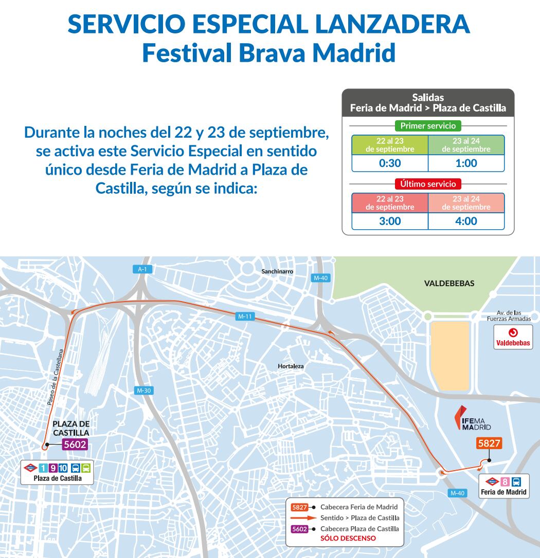 Anuncio del servicio de lanzadera gratuito de la EMT y recorrido del mismo para los días del festival Brava Madrid. 