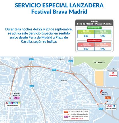 Anuncio del servicio de lanzadera gratuito de la EMT y recorrido del mismo para los días del festival Brava Madrid. 