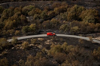 Una patrulla de la UME recorre la zona arrasada por el fuego en la aldea de Carzoa (Ourense), este martes.