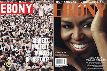 A la izda., el número de Ebony de noviembre de 1963, dedicado a la marcha en Washington por el trabajo y la libertad en la que Martin Luther King pronunció su histórico discurso I have a dream frente al monumento a Lincoln. A la dcha., diciembre de 2018 (Michelle Obama).