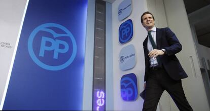 El vicesecretario de comunicación del PP, Pablo Casado, este lunes en la rueda de prensa posterior al comité de dirección.