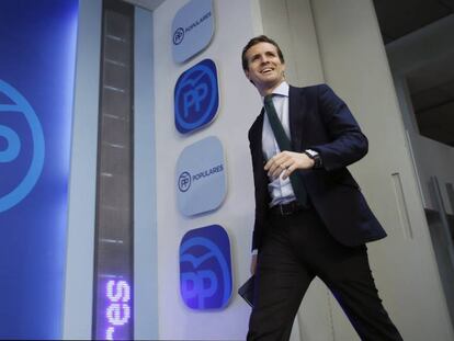 El vicesecretario de comunicación del PP, Pablo Casado, este lunes en la rueda de prensa posterior al comité de dirección.